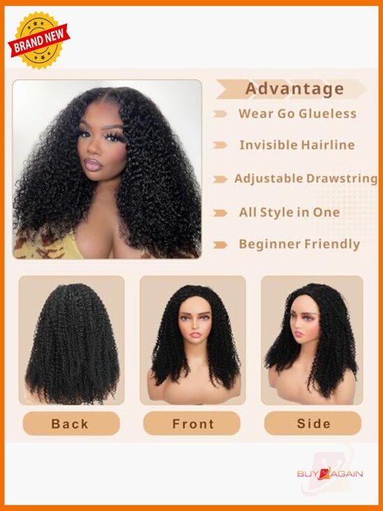 Kinky Curly Half Wig Human Hair 200% Density 3 In 1 Glueless Wear and Go